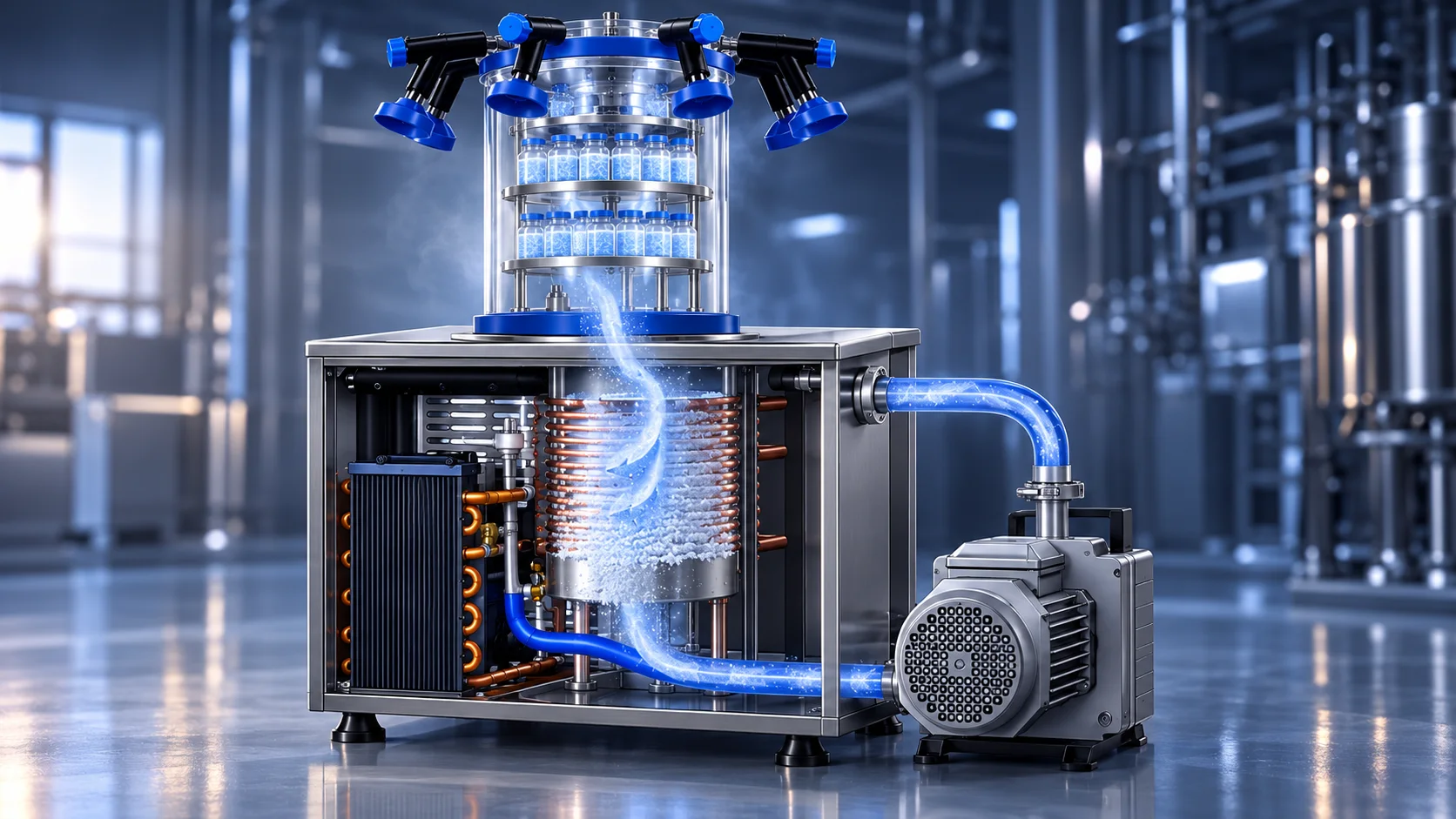 Visualização técnica do vapor passando da câmara ao condensador e à bomba de vácuo